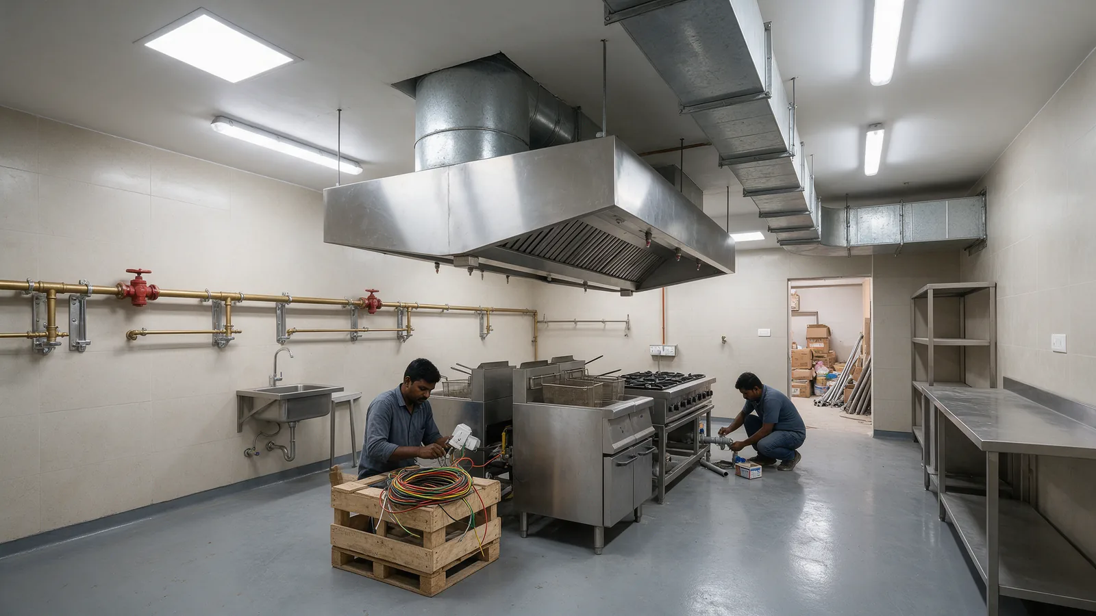Commercial restaurant kitchen during MEP installation with fryers under an exhaust hood, power points and drainage being fitted